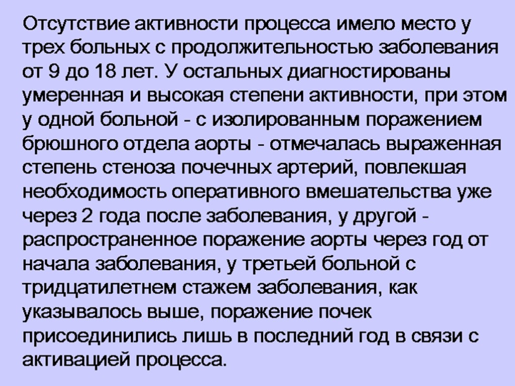 Отсутствие активности процесса имело место у трех больных с продолжительностью заболевания от 9 до